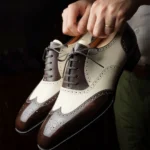 Brown And White Leather Evadne Brogue Wingtip Spectator Oxfords - Formal Shoes - Summer 2024 Collection
