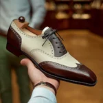 Brown And White Leather Evadne Brogue Wingtip Spectator Oxfords - Formal Shoes - Summer 2024 Collection - Image 3