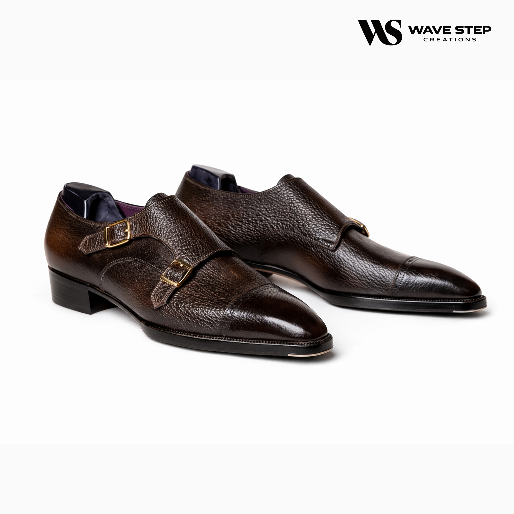 1 Wave Step Creations Dark Brown Textured Double Monk Strap Shoes - Image 1